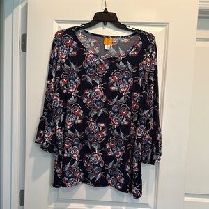 Ruby Rd 3X Navy & Red Floral Print Tunic with Bell Sleeves